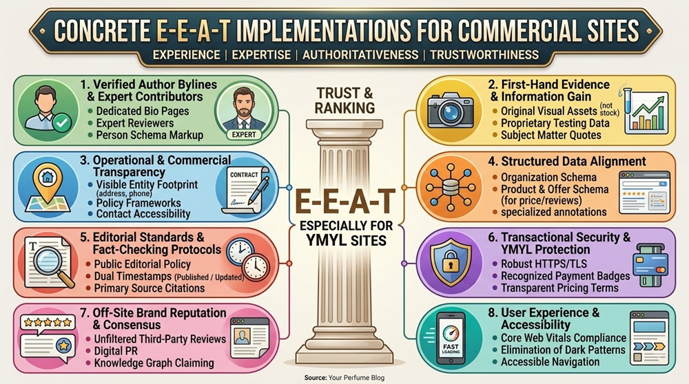 A detailed infographic titled "Concrete E-E-A-T Implementations for Commercial Sites," outlining 8 specific steps to establish Experience, Expertise, Authoritativeness, and Trustworthiness. It includes points on expert contributors, information gain, commercial transparency, structured data, editorial standards, transactional security, brand reputation, and user experience, with a central column highlighting trust and ranking especially for YMYL sites.
