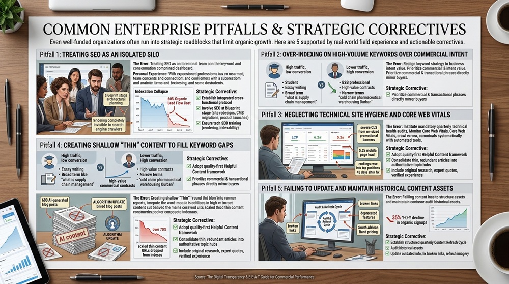 An infographic detailing five common enterprise SEO pitfalls and their strategic correctives: 1) Treating SEO as an isolated silo; 2) Over-indexing on high-volume keywords vs commercial intent; 3) Neglecting technical site hygiene and Core Web Vitals; 4) Creating shallow 'thin' content; and 5) Failing to maintain historical content assets. The image uses illustrations, data charts, and checklists to explain each strategic correction, with a wide view showing a conference room table setting.