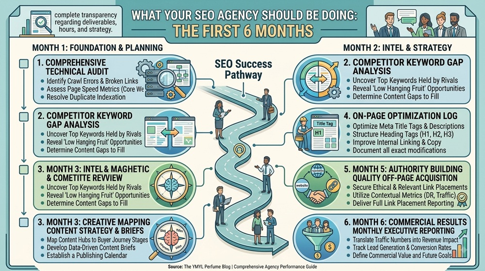 A vertical infographic titled 'WHAT YOUR SEO AGENCY SHOULD BE DOING: THE FIRST 6 MONTHS', detailing monthly milestones and a six-item deliverables checklist for transparency, including technical audit, competitor analysis, content strategy, on-page optimization, quality link building, and monthly executive reporting for commercial impact.