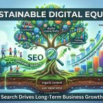 Illustrative infographic banner titled "Sustainable Digital Equity" depicting a digital tree with SEO roots driving long-term business growth, community engagement, and financial valuations.