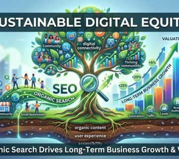 Illustrative infographic banner titled "Sustainable Digital Equity" depicting a digital tree with SEO roots driving long-term business growth, community engagement, and financial valuations.
