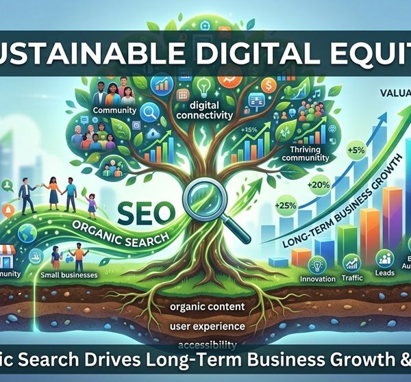Illustrative infographic banner titled "Sustainable Digital Equity" depicting a digital tree with SEO roots driving long-term business growth, community engagement, and financial valuations.
