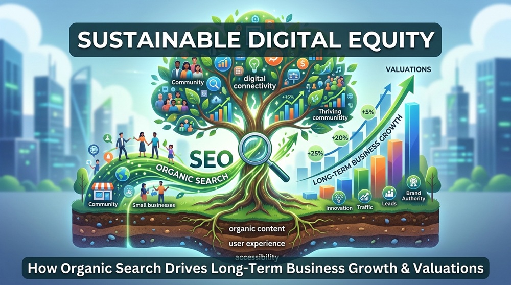 Illustrative infographic banner titled "Sustainable Digital Equity" depicting a digital tree with SEO roots driving long-term business growth, community engagement, and financial valuations.
