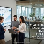 A realistic, wide-angle banner photo set in a modern office, showing three professionals collaborating in a meeting room with a large screen displaying detailed Monthly SEO Performance dashboards for a Year 1 project, analyzing charts for traffic, keywords, and revenue. The title 'WHAT RESULTS CAN YOU REALISTICALLY EXPECT FROM SEO IN THE FIRST 6 MONTHS?' is on the right, with background employees working and a city skyline through glass walls.