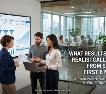 A realistic, wide-angle banner photo set in a modern office, showing three professionals collaborating in a meeting room with a large screen displaying detailed Monthly SEO Performance dashboards for a Year 1 project, analyzing charts for traffic, keywords, and revenue. The title 'WHAT RESULTS CAN YOU REALISTICALLY EXPECT FROM SEO IN THE FIRST 6 MONTHS?' is on the right, with background employees working and a city skyline through glass walls.