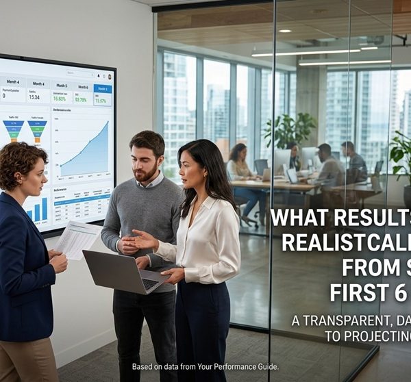 A realistic, wide-angle banner photo set in a modern office, showing three professionals collaborating in a meeting room with a large screen displaying detailed Monthly SEO Performance dashboards for a Year 1 project, analyzing charts for traffic, keywords, and revenue. The title 'WHAT RESULTS CAN YOU REALISTICALLY EXPECT FROM SEO IN THE FIRST 6 MONTHS?' is on the right, with background employees working and a city skyline through glass walls.
