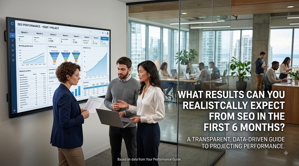 A realistic, wide-angle banner photo set in a modern office, showing three professionals collaborating in a meeting room with a large screen displaying detailed Monthly SEO Performance dashboards for a Year 1 project, analyzing charts for traffic, keywords, and revenue. The title 'WHAT RESULTS CAN YOU REALISTICALLY EXPECT FROM SEO IN THE FIRST 6 MONTHS?' is on the right, with background employees working and a city skyline through glass walls.